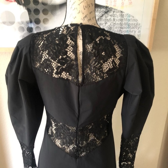 H & M Black Lace Solid Patch work Midi A line Puffed Sleeve Classic Gothic Dress - Picture 7 of 9